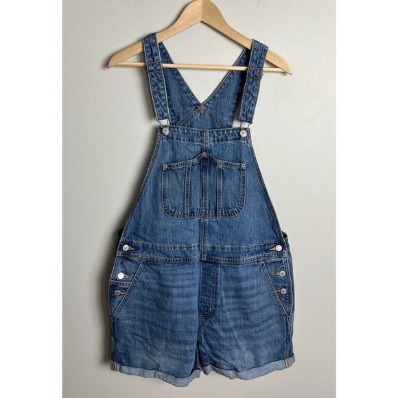 Old Navy Denim Shortalls Overalls Blue Jean Bib Shorts Rolled Hem Size Large Wms - Picture 1 of 6